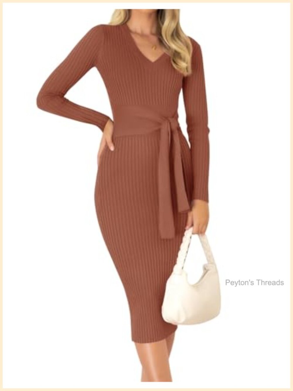 Ribbed Knit Long Sleeve Bodycon Midi Sweater Dress V-Neck Fall